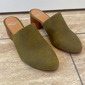 Green suede mule heels